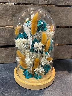 Cloche de fleurs stabilisées dans les tons orangé et bleu et blanc